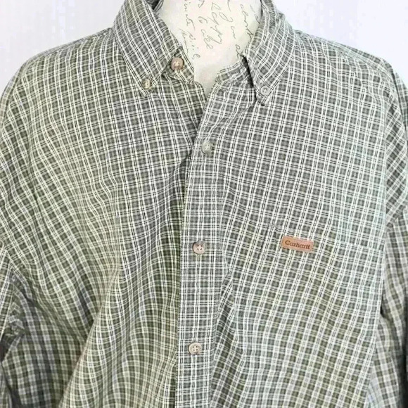 Men's Carhartt green/white check long sleeve button down collar shirt size XL - Picture 1 of 16